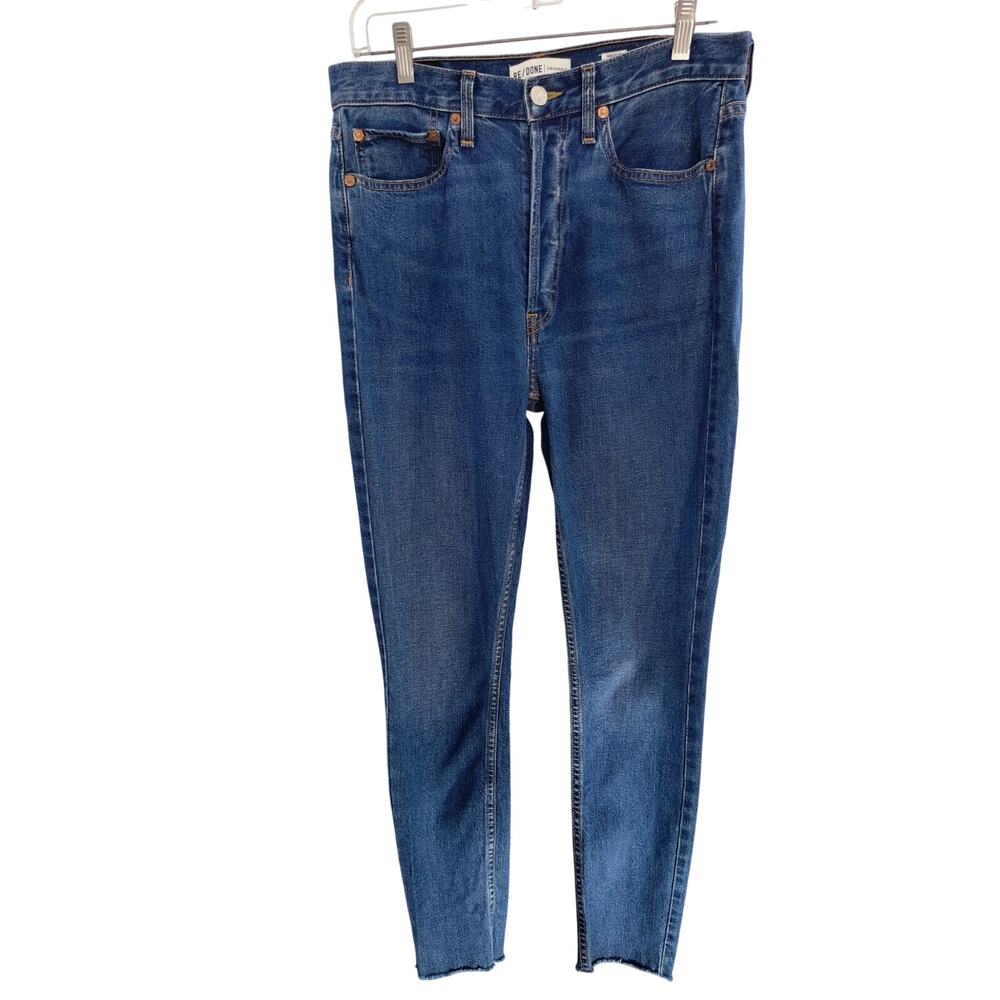 Re/Done Hi Rise Ankle Crop Frayed Jeans Wmn's Sz 29 Dark Wash Button Fly Skinny